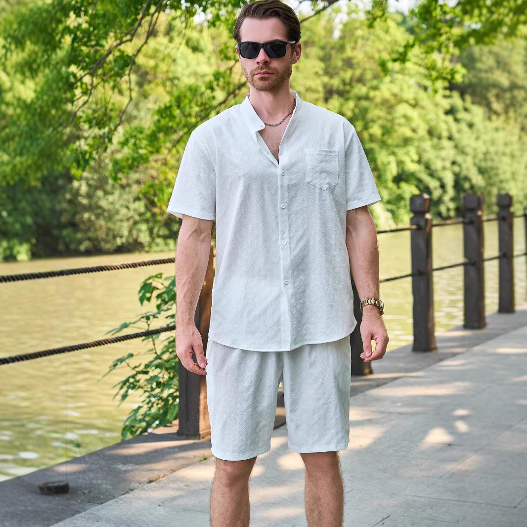 Herren Kurzarm-Hemd und Shorts Set mit modernem Stehkragen und atmungsaktiver Struktur Aliams