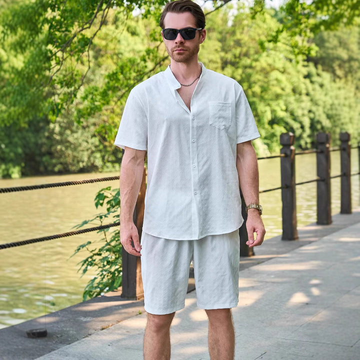 Herren Kurzarm-Hemd und Shorts Set mit modernem Stehkragen und atmungsaktiver Struktur Aliams