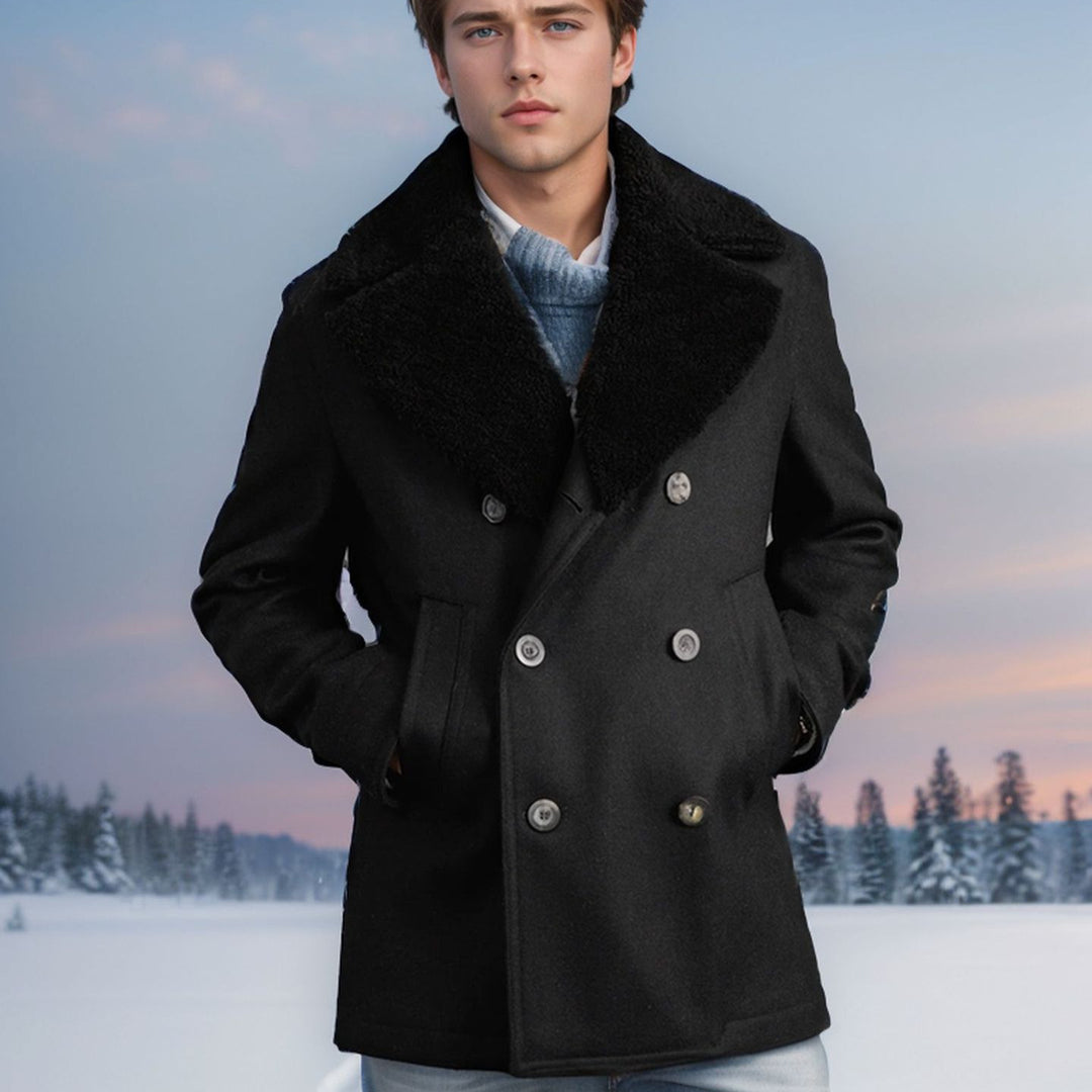 Herren elegante Wolle-Mantel mit hochgeschlossenem Fellkragen Aliams