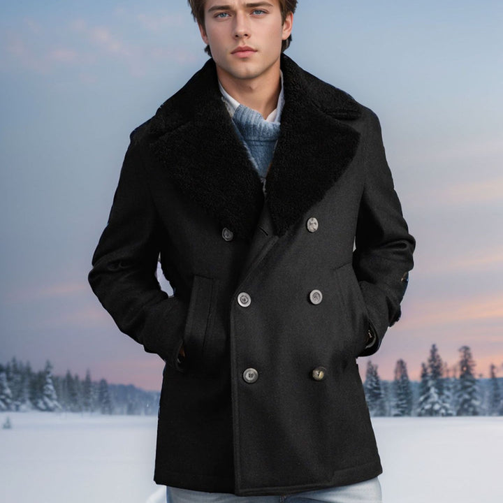 Herren elegante Wolle-Mantel mit hochgeschlossenem Fellkragen Aliams