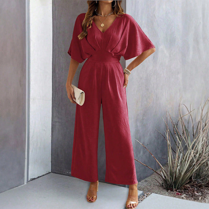 Damen Weit Geschnittener Jumpsuit mit Eleganten Drapierungen und V-Ausschnitt Aliams