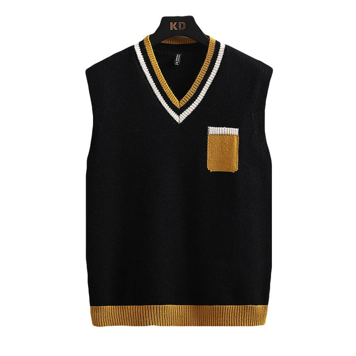 Herren ärmellose Strickjacke mit V-Ausschnitt und Farbblockdesign Aliams