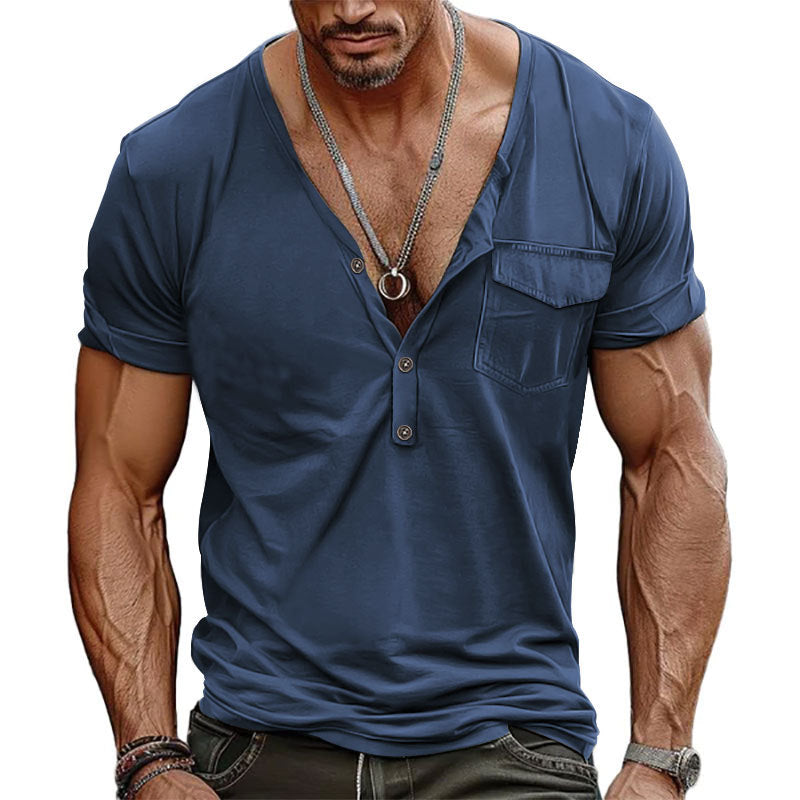 Herren V-Ausschnitt Henley-T-Shirt mit Brusttasche und atmungsaktiver Baumwolle Aliams