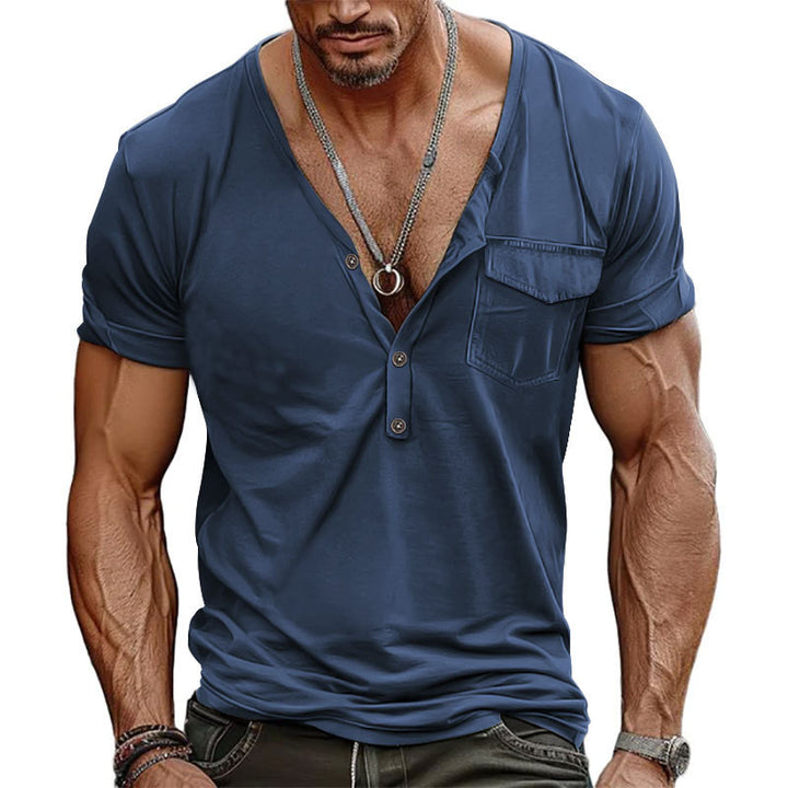 Herren V-Ausschnitt Henley-T-Shirt mit Brusttasche und atmungsaktiver Baumwolle Aliams
