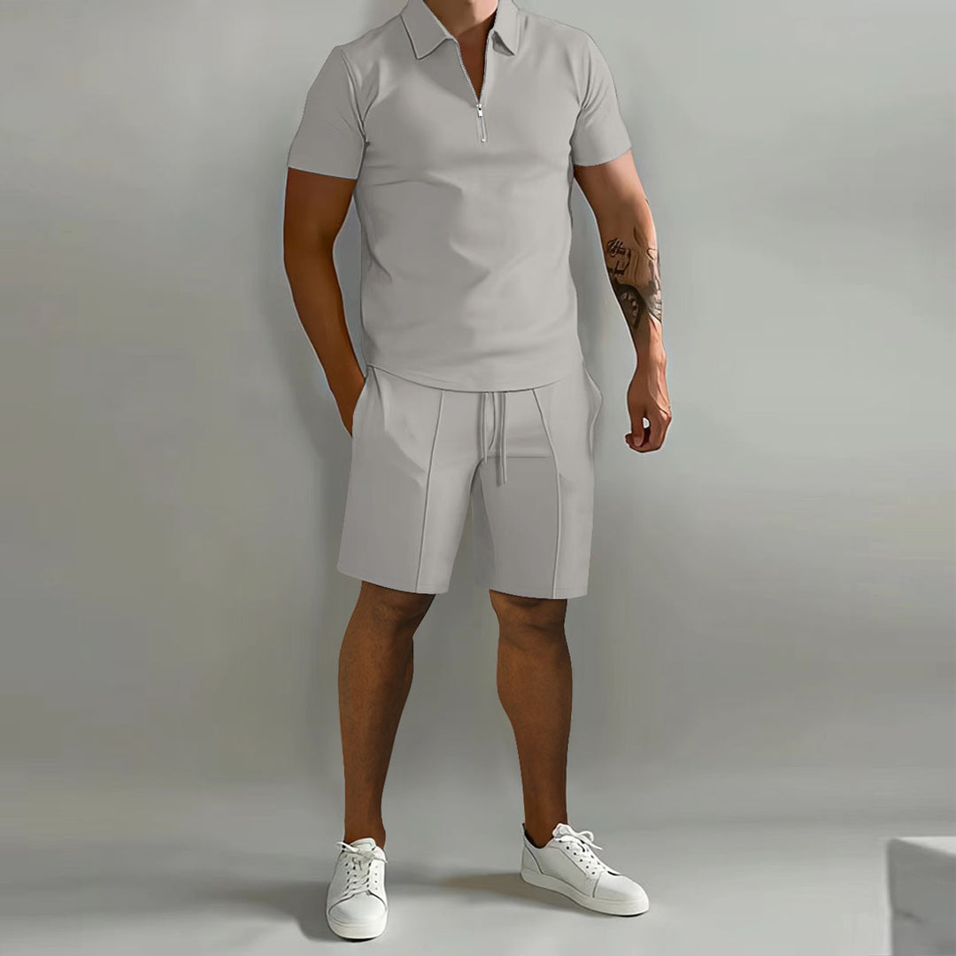Herren sportliches Kurzarm-Poloshirt mit Reißverschluss und passenden Shorts Aliams