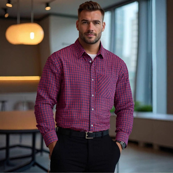 Herren kariertes Langarmhemd mit modischem Schnitt und praktischer Brusttasche Aliams