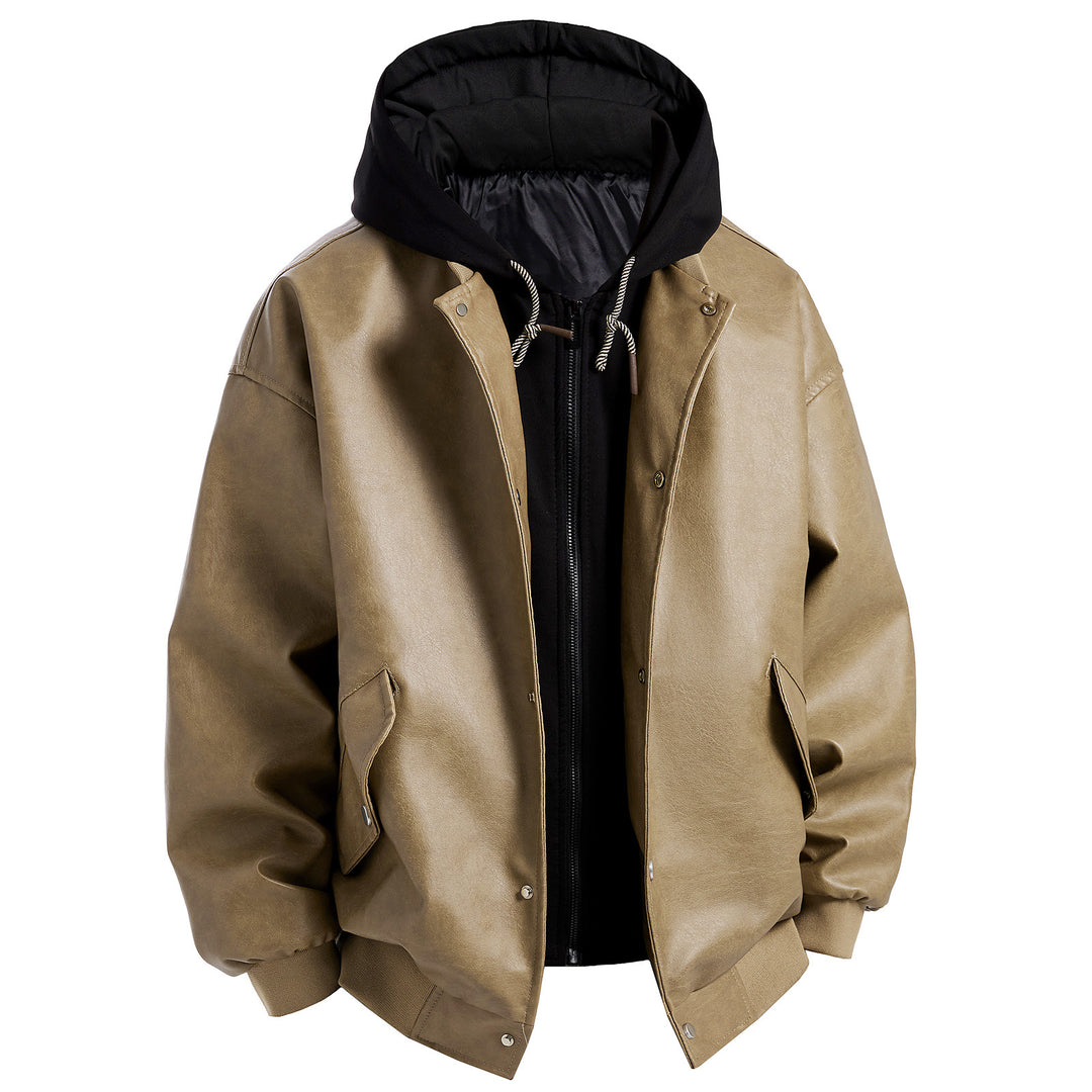 Herren Kunstlederjacke im oversized Schnitt mit abnehmbarer Kapuze Aliams