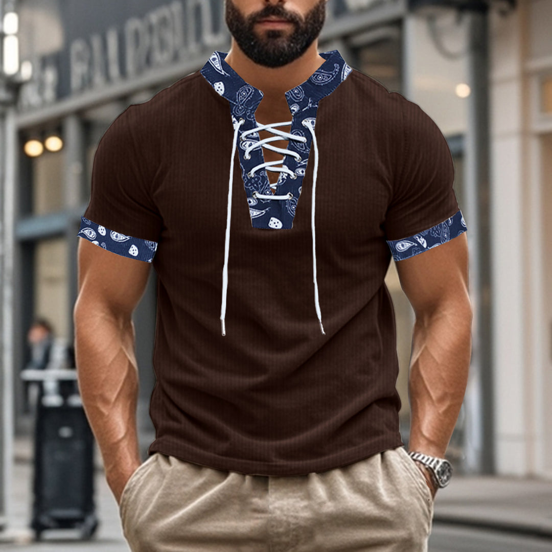 Herren Kurzarm-Henley-Shirt mit farblich abgesetztem Kragen und modischem Schnürdesign Aliams