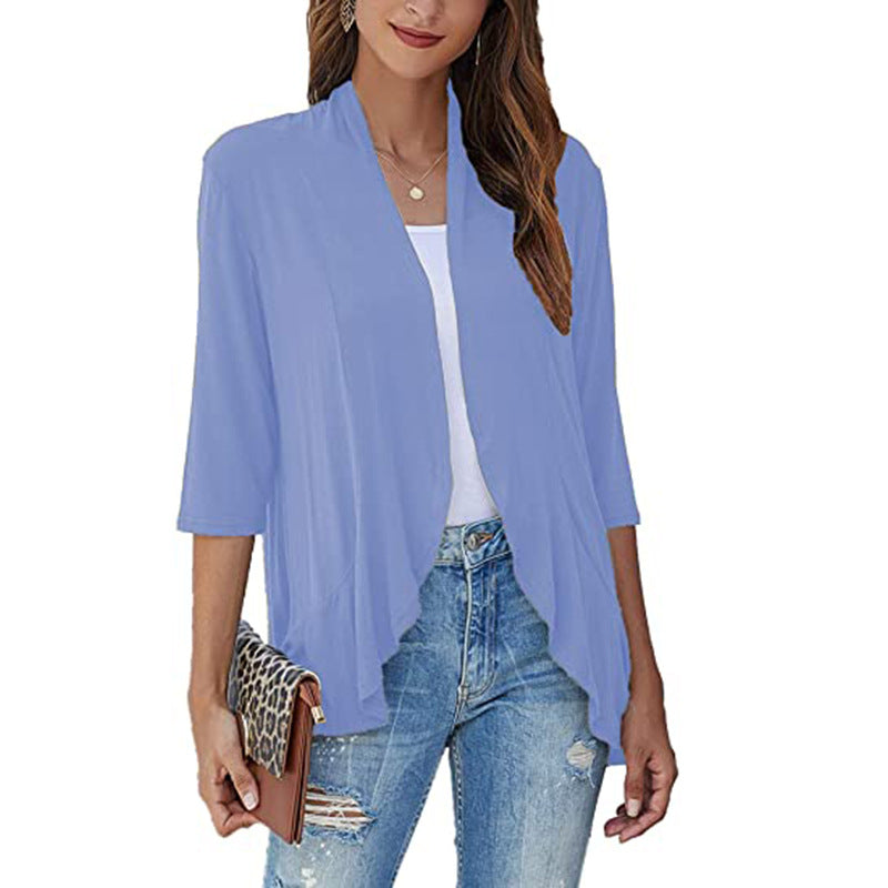 Damen Leichte Chiffonjacke mit Offenen Fronten und 3/4-Ärmeln Aliams