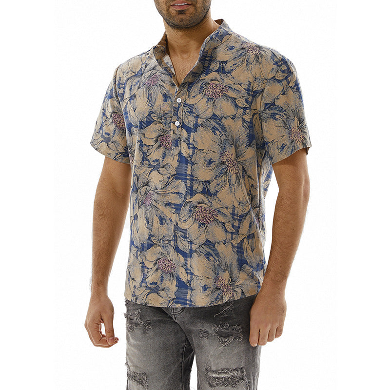 Herren Kurzarm-Hemd mit floralem Muster und modischem Stehkragen Aliams