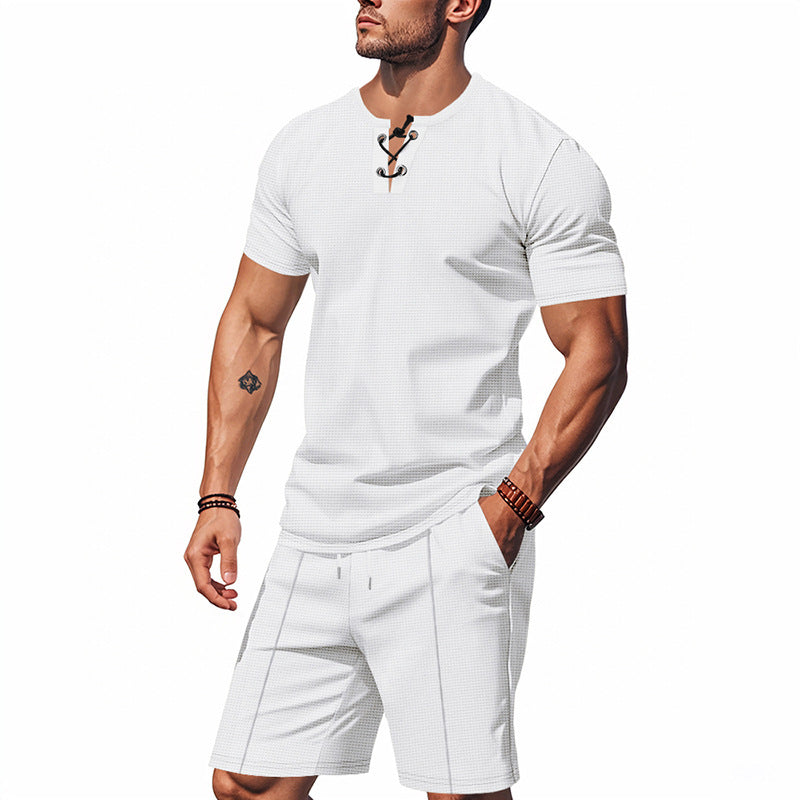 Herren Kurzarm-Henley-Set mit modischem Schnürdesign und atmungsaktivem Material Aliams