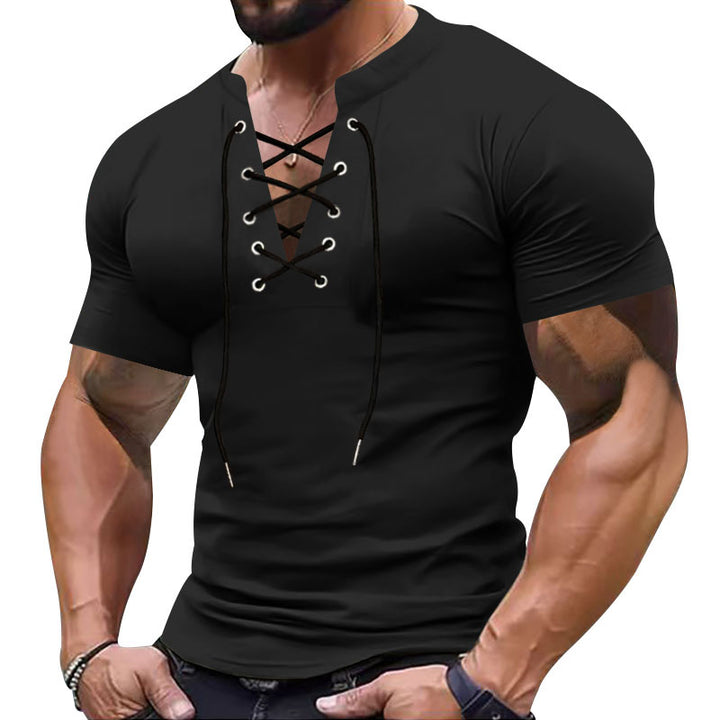 Herren Kurzarm-Henley-Shirt mit modischem Schnürdesign und körperbetonter Passform Aliams