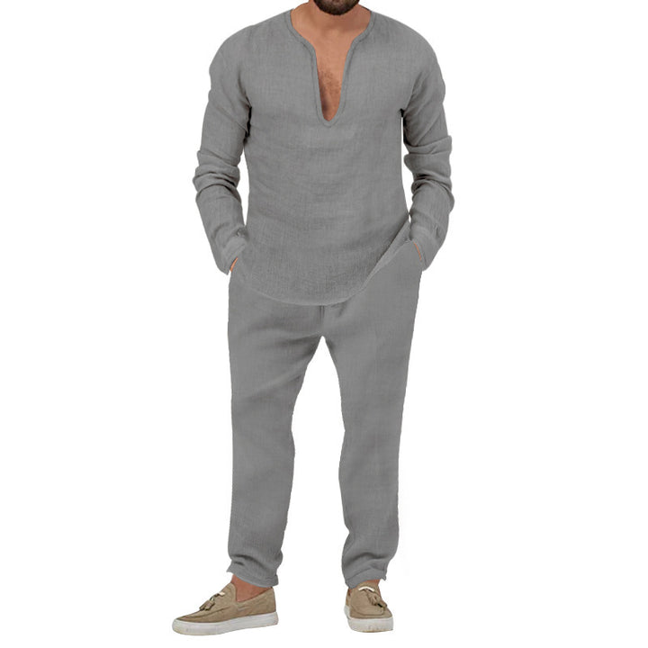 Herren Elegantes Leinen-Loungewear-Set mit Stehkragen Aliams