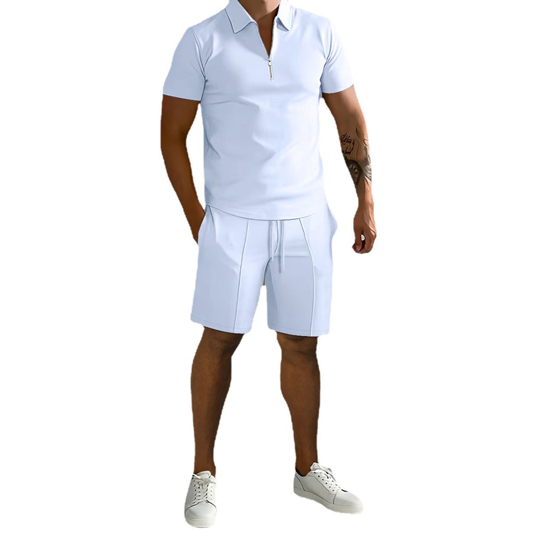 Herren sportliches Kurzarm-Poloshirt mit Reißverschluss und passenden Shorts Aliams