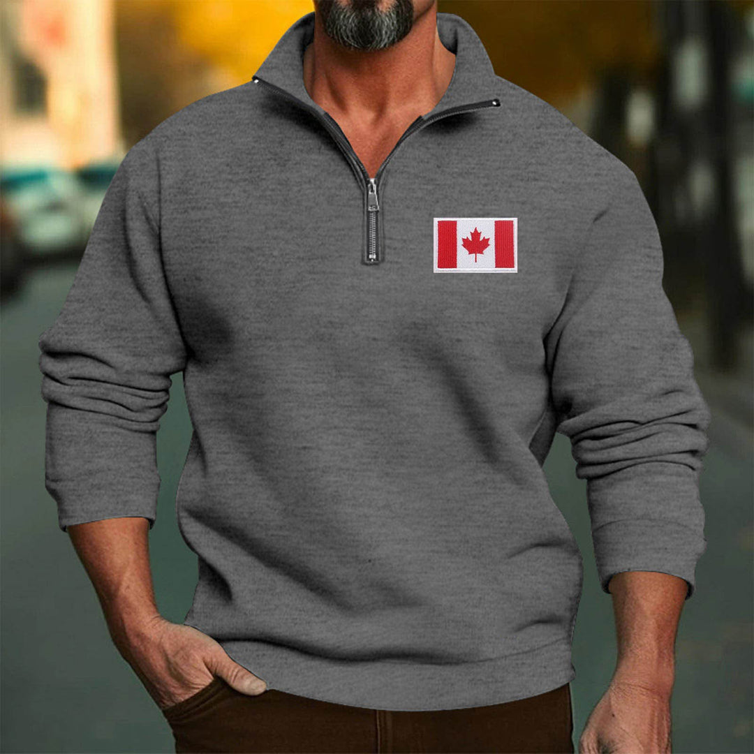 Herren Fleece-Pullover mit halbem Reißverschluss und Flaggenapplikation Aliams