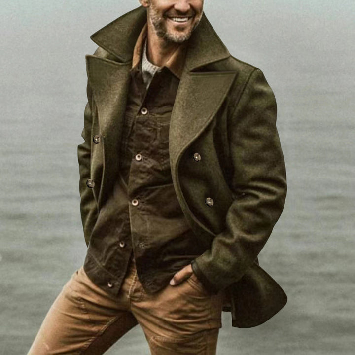 Herren eleganter, klassischer Wollmantel mit doppelter Knopfleiste und hohem Kragen Aliams