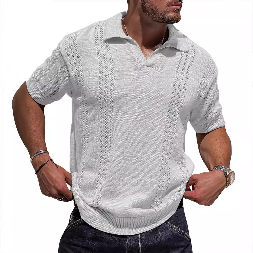 Herren Kurzarm Strickpullover mit strukturierter Oberfläche und Polokragen Aliams