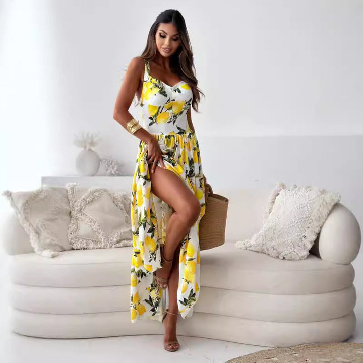 Aliams | Bedrucktes Elastisches Taillenloses Statement Maxi Kleid
