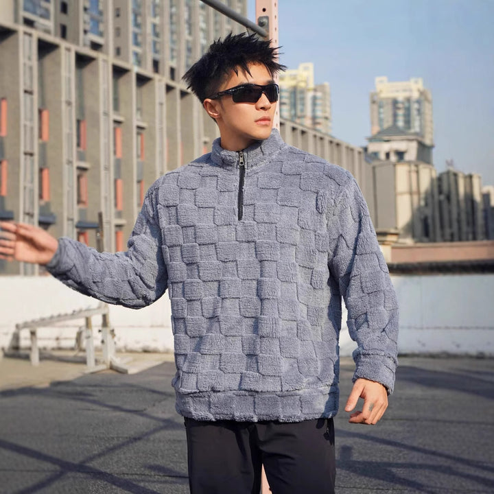 Herren Fleece-Pullover mit strukturierter Oberflächenstruktur und stehender Kragen Aliams