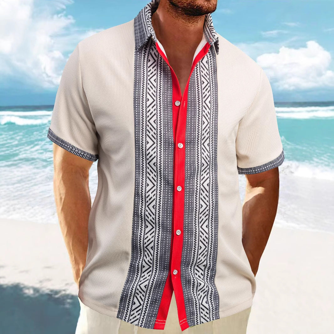 Herren Kurzarm-Hemd mit ethnischem Muster und kontrastierenden Details Aliams