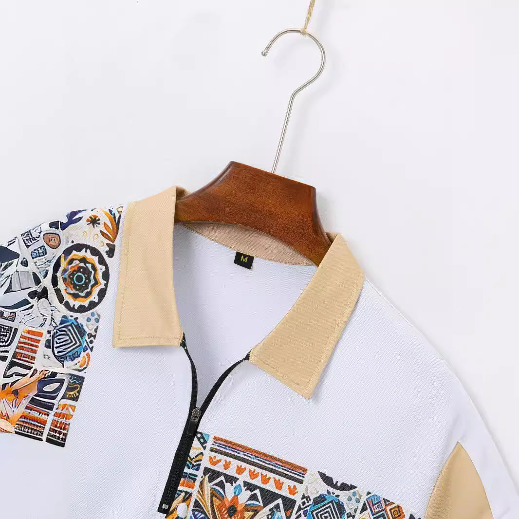 Herren eleganter Kurzarm-Set mit künstlerischen Mustern und praktischen Taschen Aliams