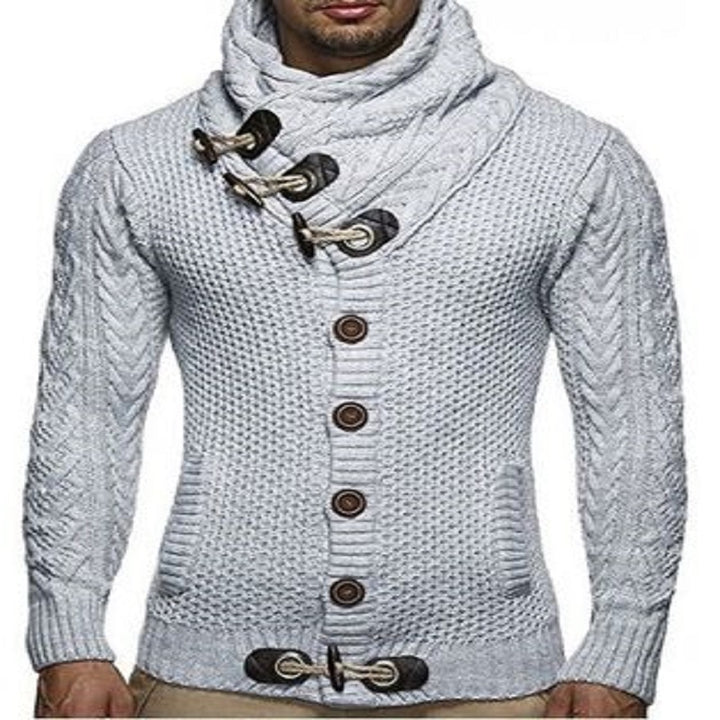Herren gestrickter Cardigan mit hohem Kragen und modernen Holzknebel Aliams