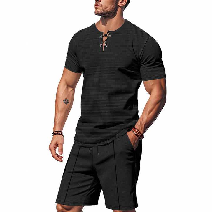 Herren Kurzarm-Henley-Set mit modischem Schnürdesign und atmungsaktivem Material Aliams