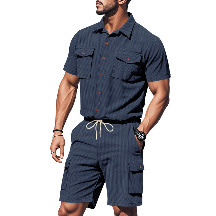 Herren modisches Kurzarm-Hemden- und Cargo-Shorts-Set mit praktischen Taschen und elastischem Bund Aliams