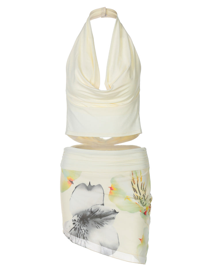 Damen Blumenkleid mit elegantem Top und asymmetrischem Rock Aliams