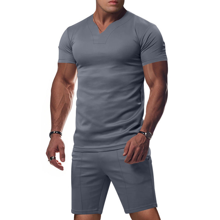 Herren Sportliches Freizeit-Set mit atmungsaktivem V-Ausschnitt T-Shirt und elastischen Shorts Aliams