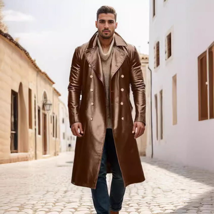 Herren Eleganter Leder-Trenchcoat mit doppelter Knopfreihe und modernem Schnitt Aliams