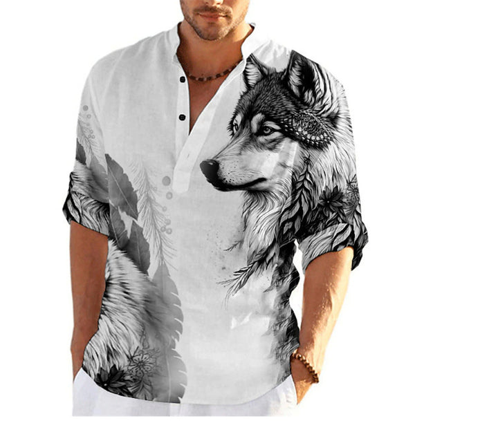 Herren Kurzarm-Hemd mit einzigartigem Wolfsmotiv Aliams