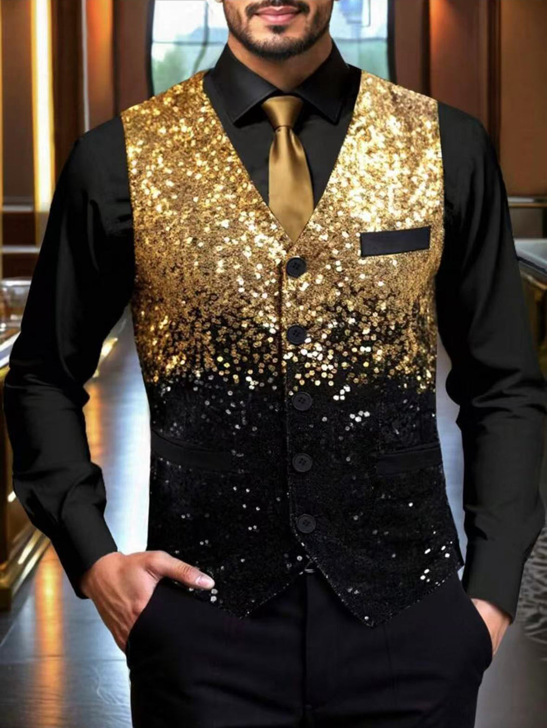 Herren Glamouröse Paillettenweste mit Farbverlauf und elegantem Schnitt Aliams