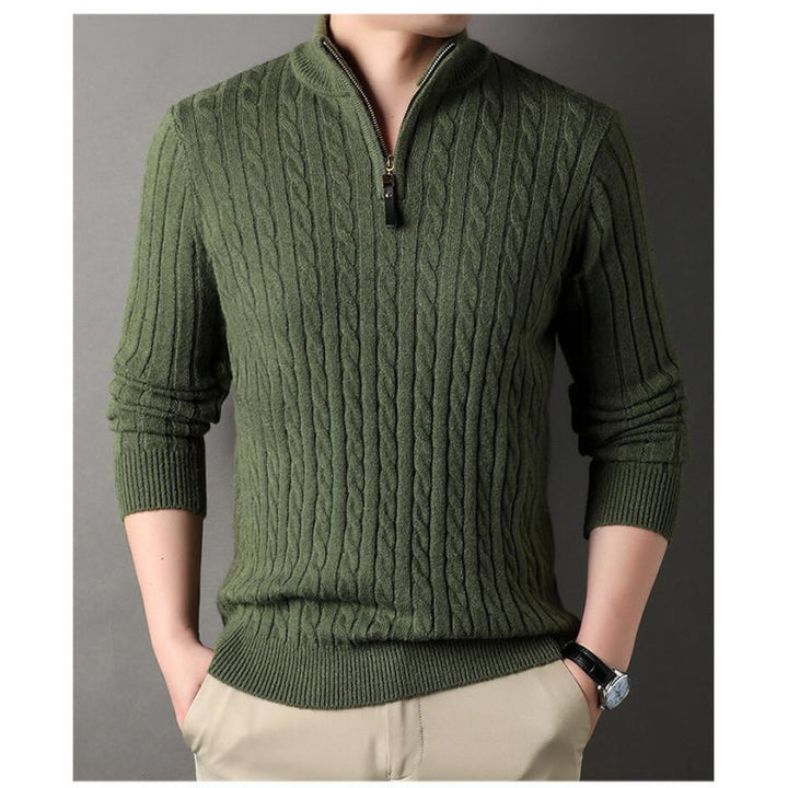 Herren eleganter Strickpullover mit halbem Reißverschluss und Kabelmuster Aliams