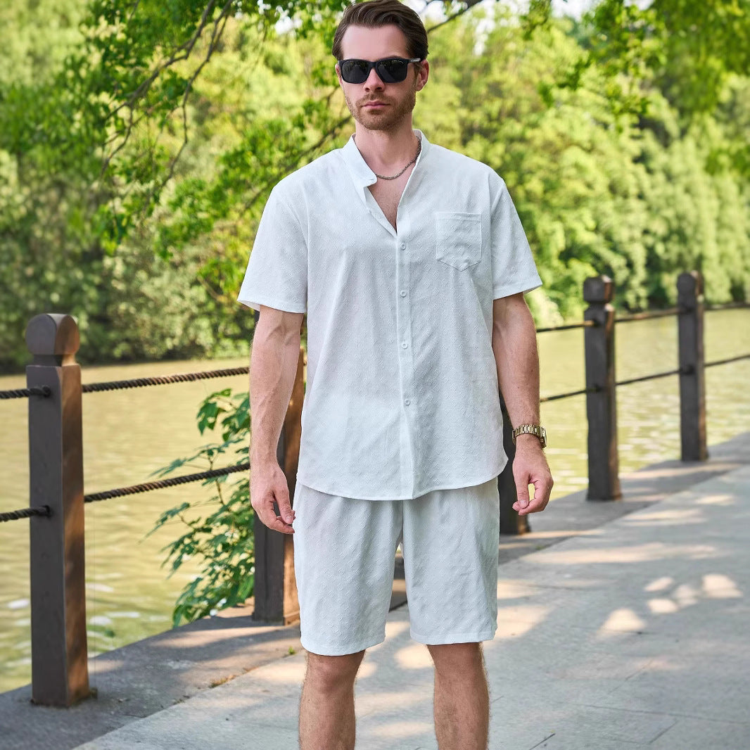 Herren Kurzarm-Hemd und Shorts Set mit modernem Stehkragen und atmungsaktiver Struktur Aliams