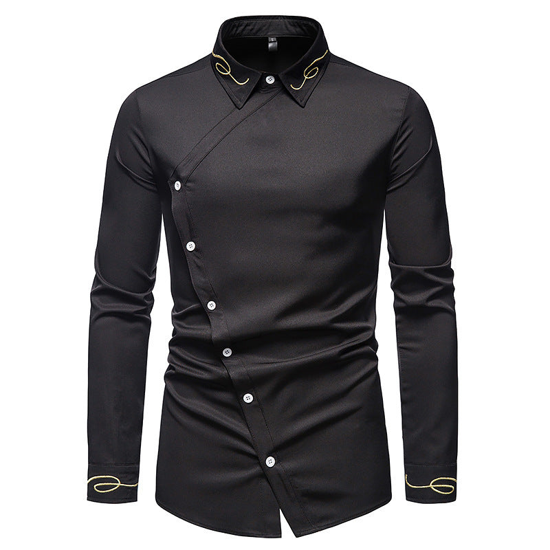 Herren Elegantes Langarmhemd mit asymmetrischem Knopfdesign und gesticktem Kragen Aliams