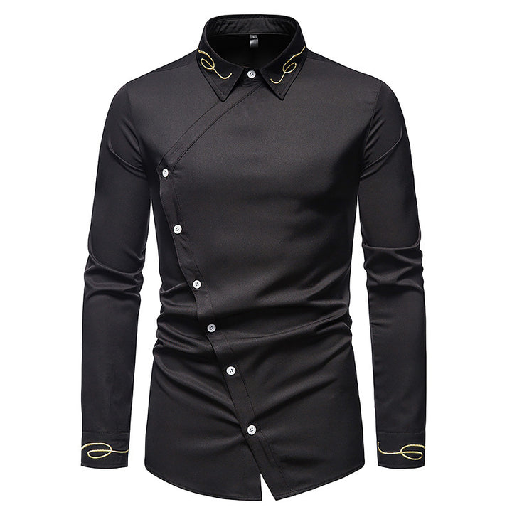 Herren Elegantes Langarmhemd mit asymmetrischem Knopfdesign und gesticktem Kragen Aliams