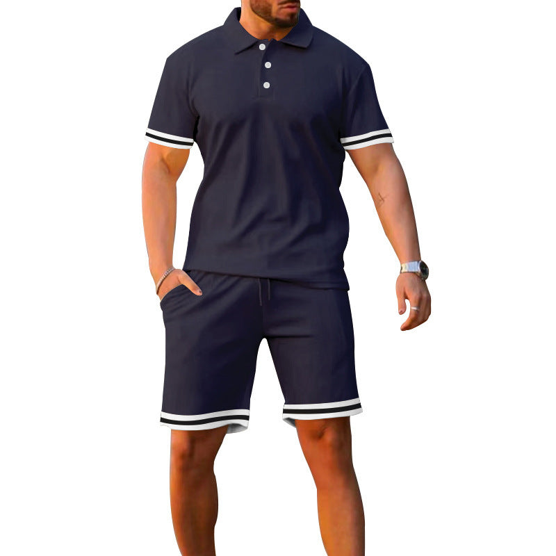 Herren sportliches Poloshirt und Freizeit-Shorts Set mit elastischem Bund und Kontraststreifen Aliams