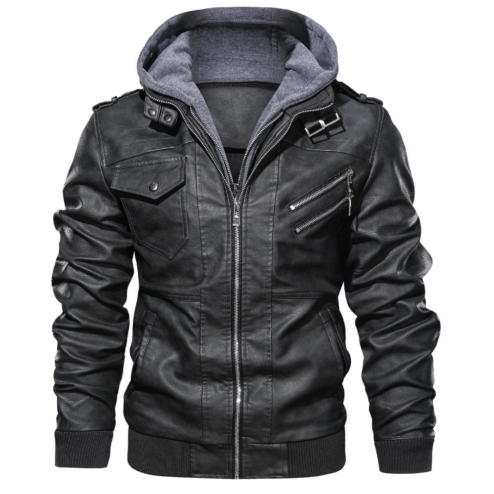 Herren Lederjacke mit abnehmbarem Kapuzenfutter und mehreren praktischen Taschen Aliams
