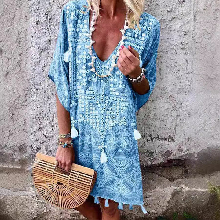 Damen Boho-Chic Kaftan mit V-Ausschnitt und Tassel-Details Aliams