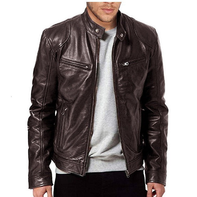 Herren klassische Lederjacke mit eleganten Innenfutter und Reißverschluss-Taschen Aliams
