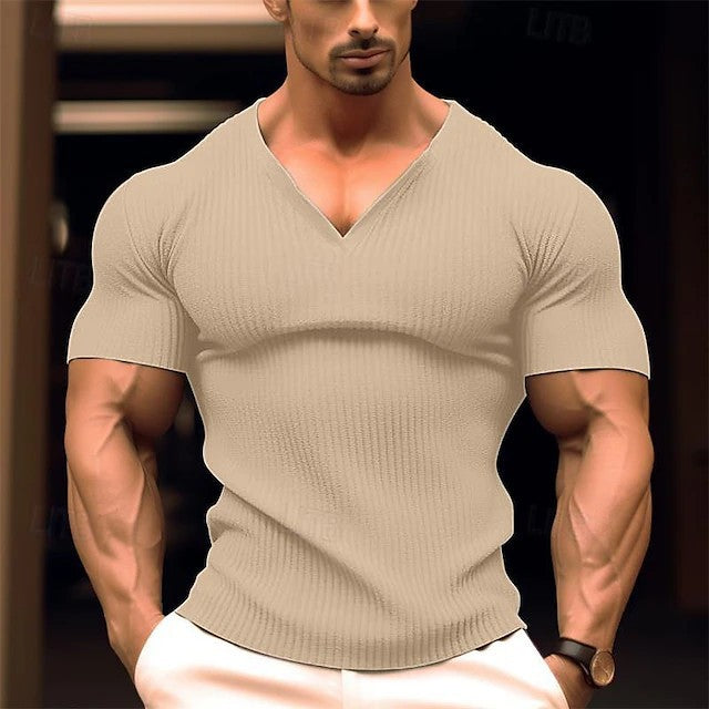 Herren körperbetontes V-Ausschnitt T-Shirt aus atmungsaktivem Baumwollmix Aliams