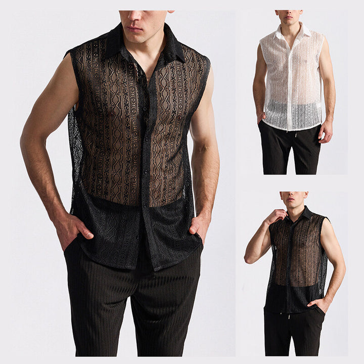 Herren ärmelloses Design-Hemd aus filigraner Spitzenstruktur Aliams
