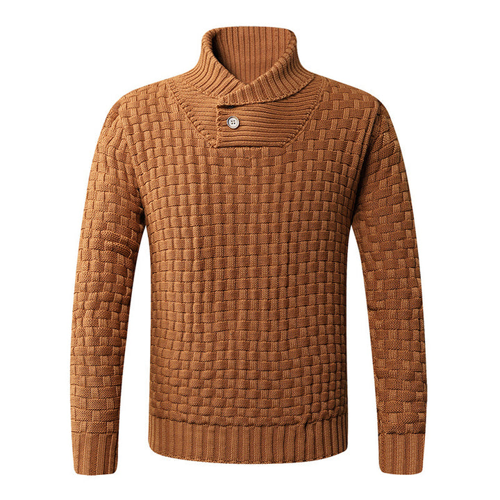 Herren strukturiertes Strickpullover mit Stehkragen und dekorativen Knöpfen Aliams