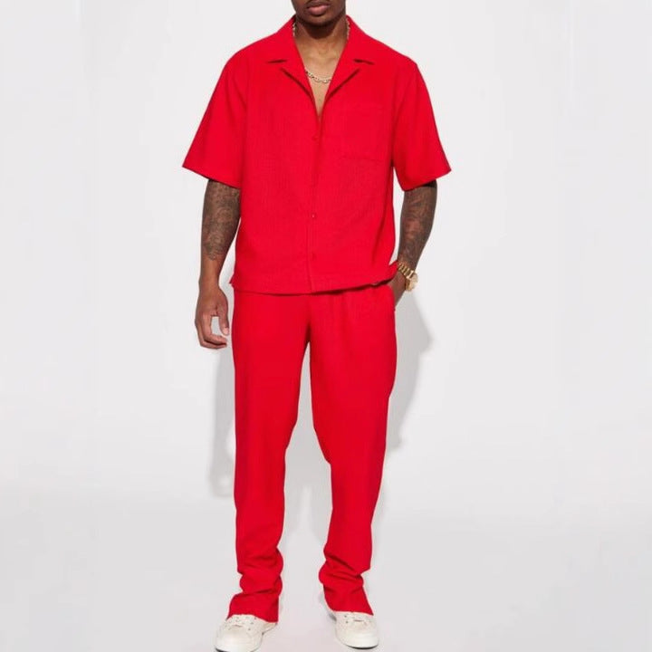 Herren gestreiftes Kurzarmhemd und gemütliche Chinohose Set Aliams