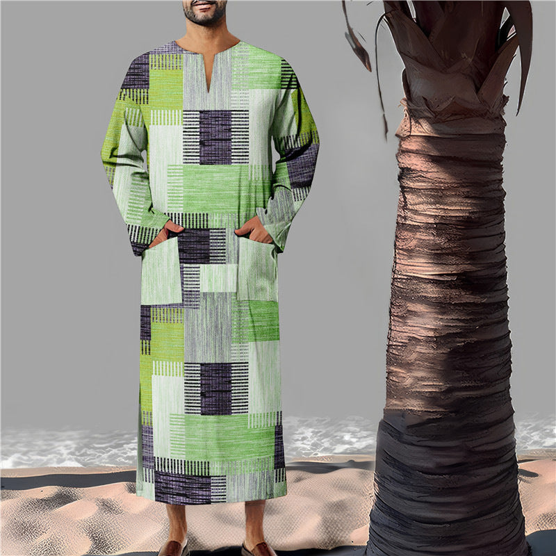Herren Baumwoll-Kaftan mit modernem geometrischem Muster und praktischen Taschen Aliams