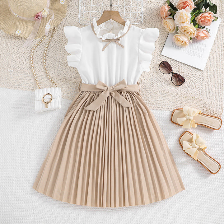 Mädchen Faltenrockkleid mit Puffärmeln und Taillenknoten Aliams