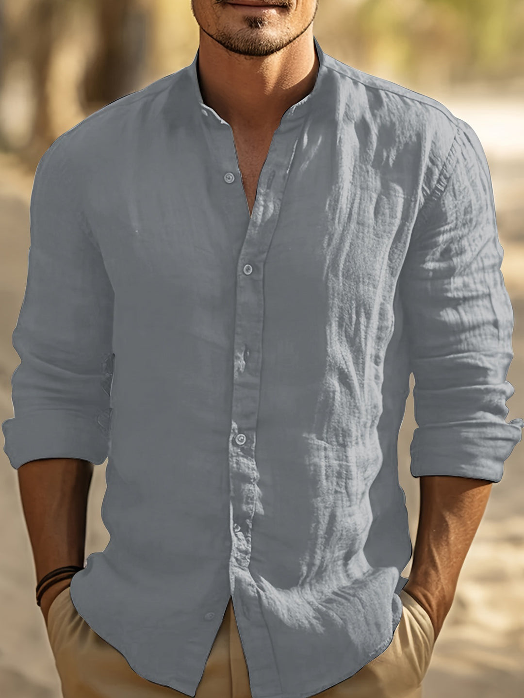 Herren leichtes Leinenhemd mit modernem Stehkragen Aliams