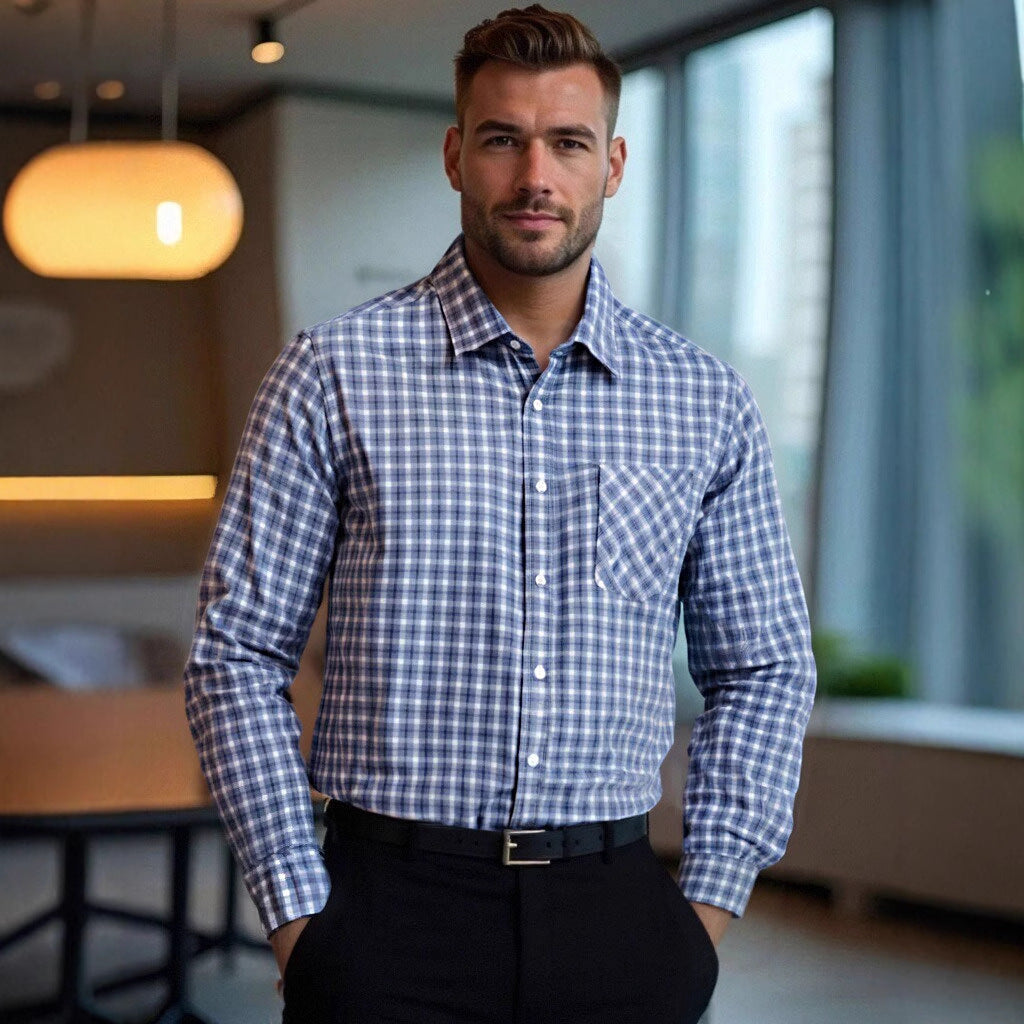 Herren kariertes Langarmhemd mit stilvollem Brusttaschen-Design Aliams