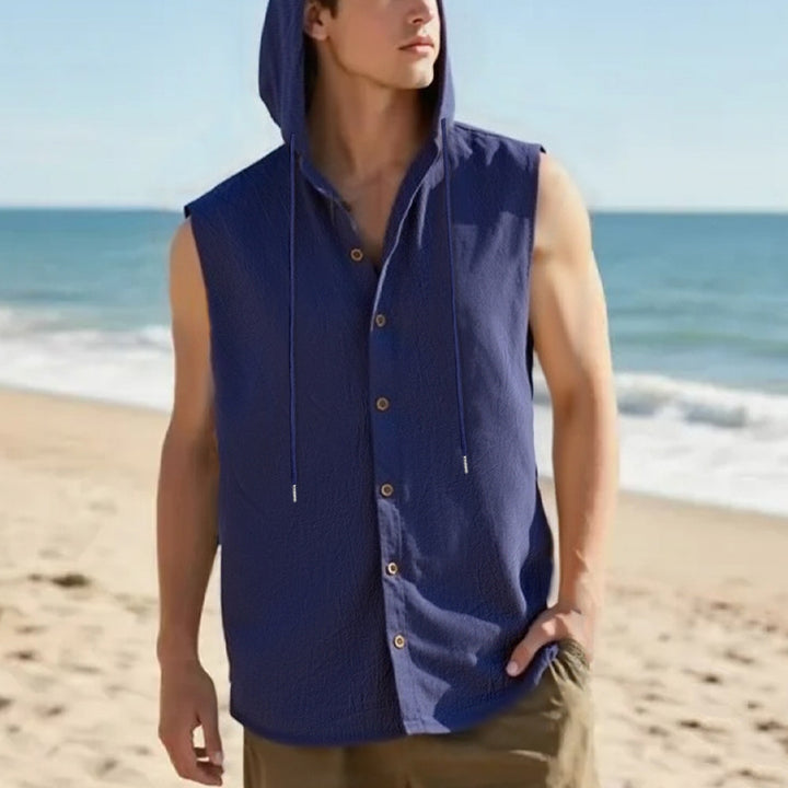 Herren ärmelloses Kapuzenshirt mit Knopfleiste und lässigem Schnitt Aliams